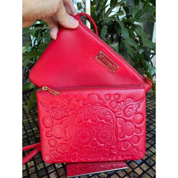 Loungefly Sugar Skull Red Crossbody & Clutch Combo Pebbled Leather EUC - Picture 5 of 11